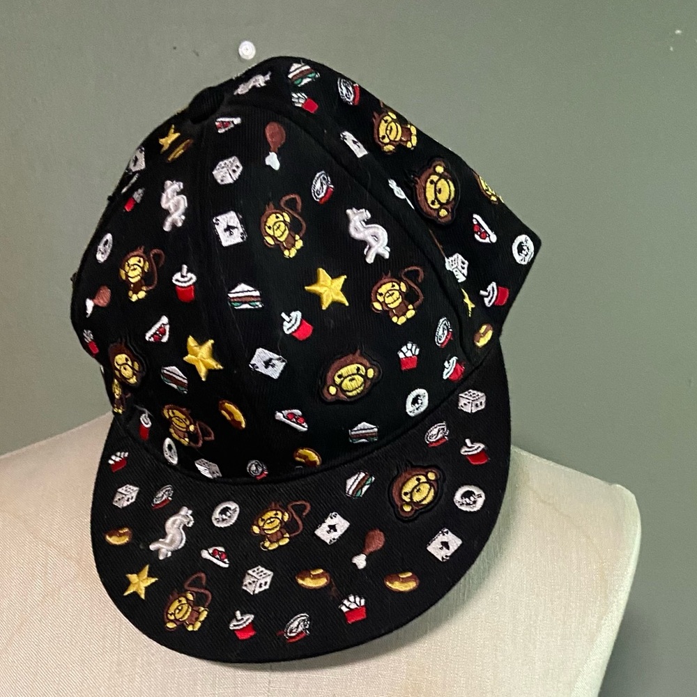 Black Fitted Baseball Cap With Embroidered Monkeys, Stars, Games & Food -SZ: M